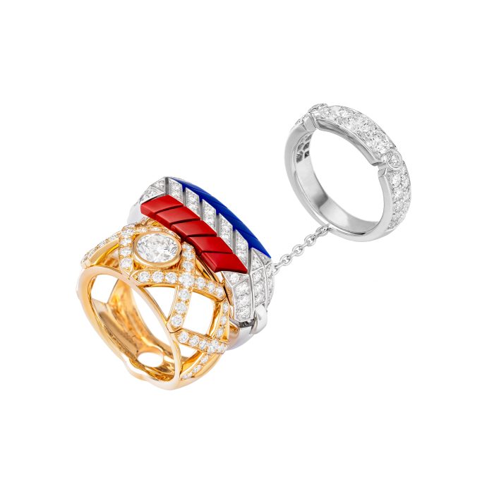 Bague GOLD SLIDER en or jaune, or blanc, diamants, laque bleue et rouge, avec un diamant taille brillant 0,75 ct F+ VVS+ - Chanel