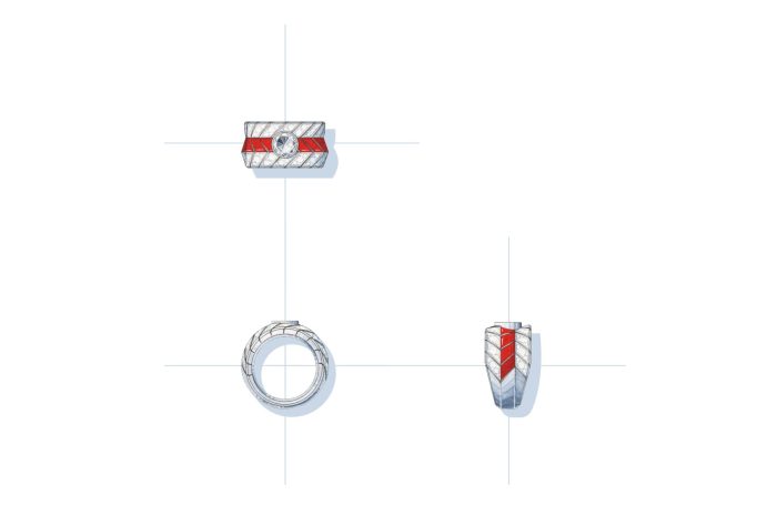 Bague GRAPHIC LINE en or blanc, diamants et laque rouge, avec un diamant taille brillant 1,02 cts F VVS2 - Chanel