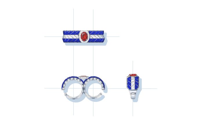 Bague GRAPHIC LINE RED en or blanc, diamants, rubis et laque bleue, avec un rubis taille ovale 3,02 cts - Chanel