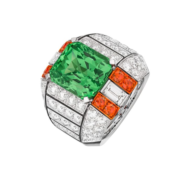 Bague GRAPHIC LINE en or blanc, platine, diamants, grenat tsavorite, grenats mandarins, laque noire et aluminium orange, avec un grenat tsavorite taille octogonale 14,73 cts - Chanel