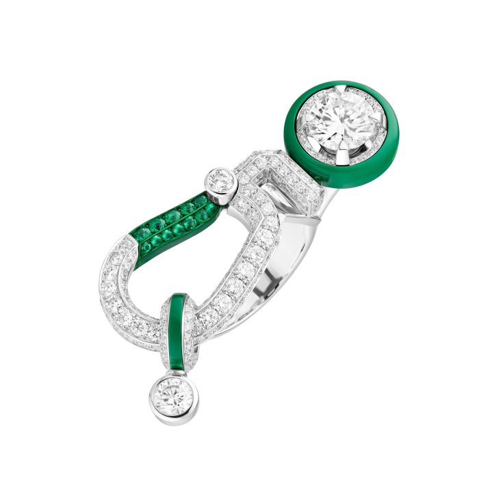 Bague SPORTY 5 GREEN en or blanc, diamants, émeraudes, laque verte et aluminium vert avec un diamant taille brillant 1,50 cts E IF - Chanel