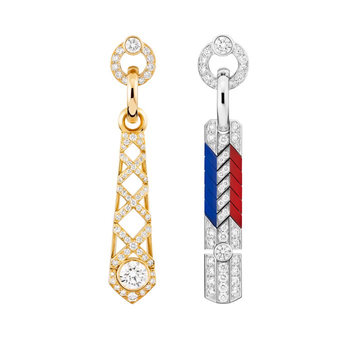 Boucles d'oreilles GOLD SLIDER en or jaune, or blanc, diamants, laque bleue et rouge, avec un diamant taille brillant 0,70 ct F+ VVS+ - Chanel