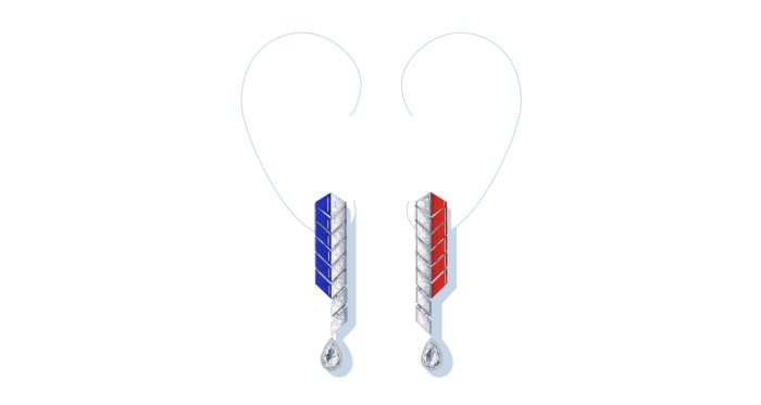 Boucles d'oreilles GRAPHIC LINE en or blanc, diamants, laque rouge et bleue, avec deux diamants taille poire 2*0,40 ct F+ VVS+ - Chanel